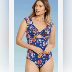 Beach Betty Miracle Brands Slimming One Piece Swimsuit Floral Cutout Cap Sleeve